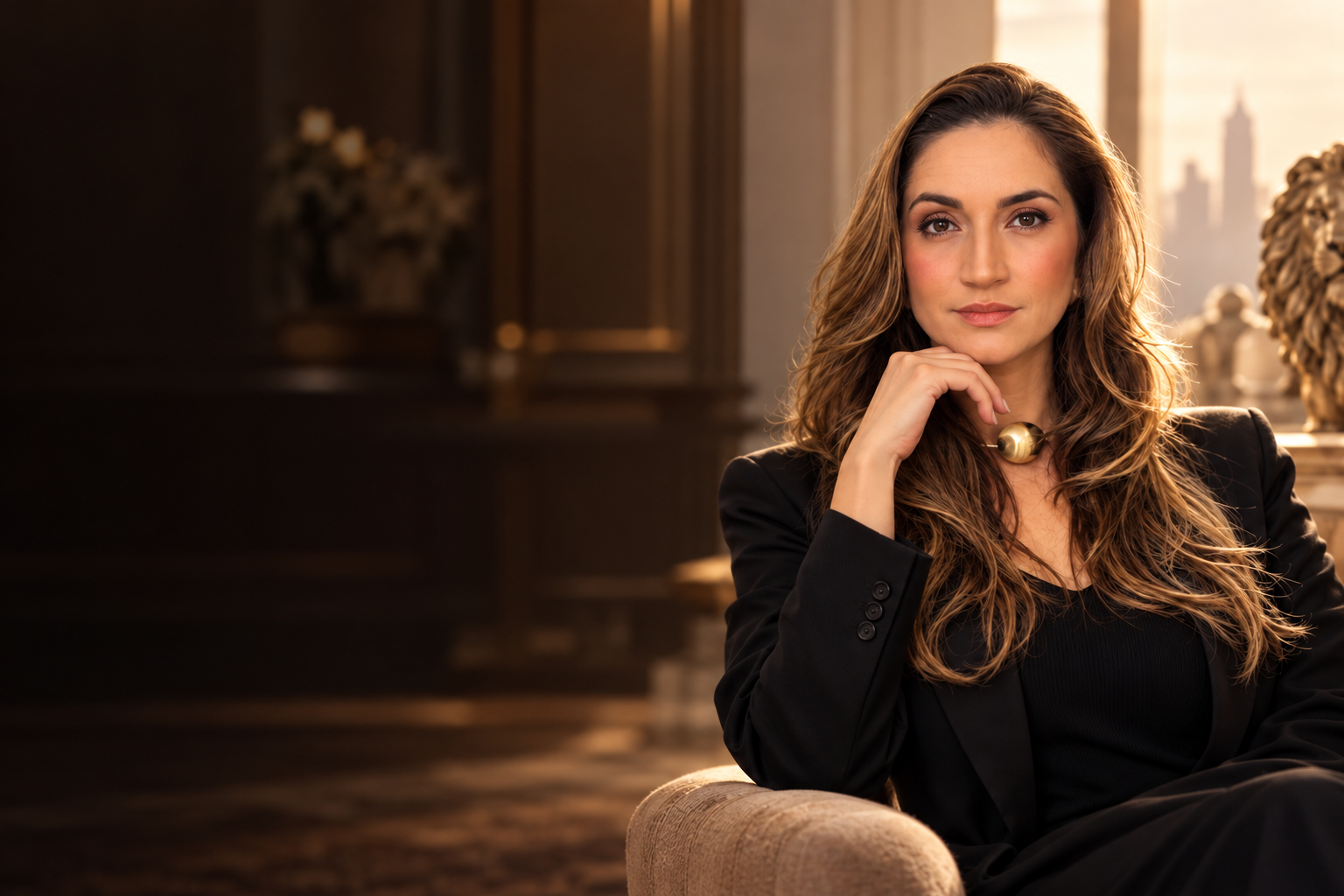 Vera Bressanini em um ambiente de tons quentes, usando blazer preto